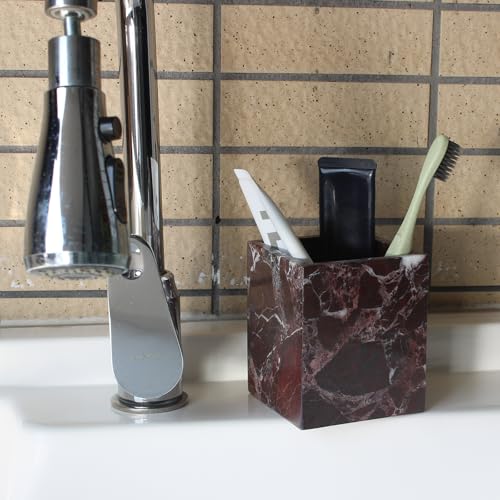 Natural Rosso Levanto Marble Square Storage Container for Toothbrush/Makeup Brush/Pens, Countertop Organizer Bathroom - color: Rosso Levanto