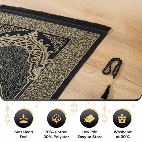 Muslim Prayer Rug with Islam Prayer Beads - Travel Prayer Mat, Islamic Gifts for Women, Portable Prayer Matt Islam, Islamic Prayer Rug Islam Men Women, Praying Mat for Muslim Gifts, Black