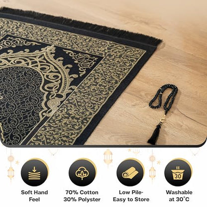 Muslim Prayer Rug with Islam Prayer Beads - Travel Prayer Mat, Islamic Gifts for Women, Portable Prayer Matt Islam, Islamic Prayer Rug Islam Men Women, Praying Mat for Muslim Gifts, Black