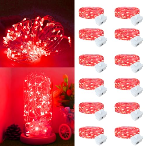 12 Pack Fairy Lights Battery Operated, 7ft 20 LED 3 Modes Speed Twinkle Mini String Lights Waterproof Silver Wire Firefly Starry Lights for Mason Jars Wedding Party Christmas Decorations - color: Red, size: 12 Pack