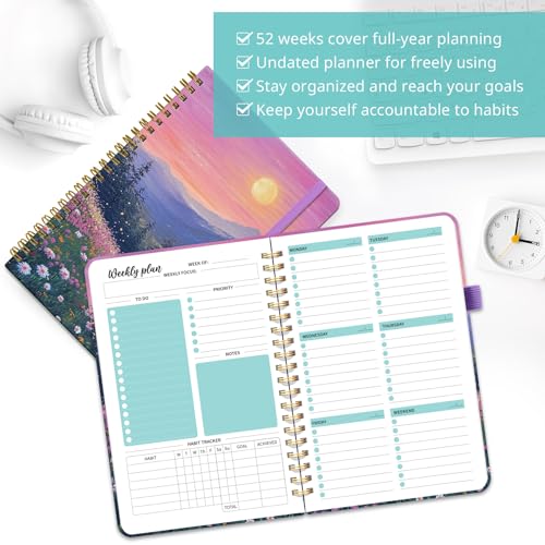 Taja Undated Weekly Planner, Weekly To Do List Notebook with Goal & Habit Tracker Organizer, A5 Weekly Planner Notebook with Spiral Binding, 6.1" x 8.2" - Twilight Bloom - color: u.Twilight Bloom