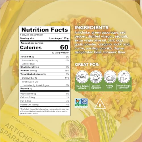 POSHI Artichoke & Asparagus Salad Natural, Keto, Vegan, Non GMO, Low Carb + Calorie, Gluten Free, Ready to Eat, Fully Cooked Vegetables, Pentry Food, Gourmet, Healthy, Travel Food, 6 Pack, 4.4 oz - size: 4.4 Ounce (Pack of 6)