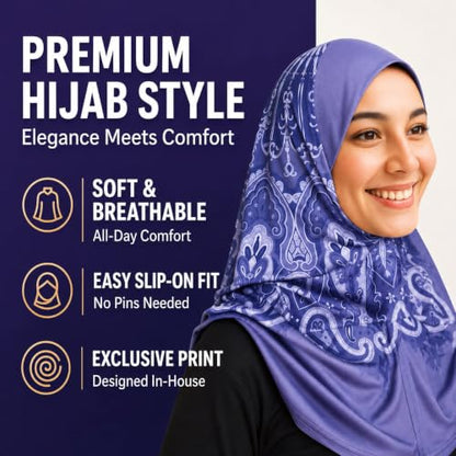 Instant Hijab – 여성용 원피스 슬립온 키마르 | 기도 및 단정한 착용을 위한 꽃무늬 프린트 저지 스카프 - color: Mg-hj-701