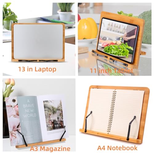 MEGREZ Book Stand for Reading (13.2 x 9.4 inch) Bamboo Cookbook Stand Holder for Kitchen, Adjustable Book Holder Stand for Tablet/Textbook Holder/Hollow Bookrest Stand, Dandelion - color: Dandelion