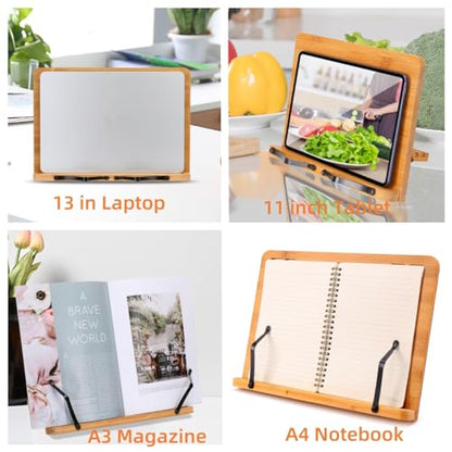 MEGREZ Book Stand for Reading (13.2 x 9.4 inch) Bamboo Cookbook Stand Holder for Kitchen, Adjustable Book Holder Stand for Tablet/Textbook Holder/Hollow Bookrest Stand, Be Happy Everyday - color: Be Happy Everyday