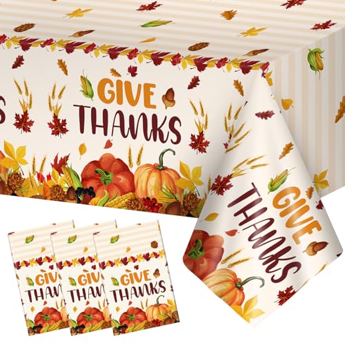 3 Pcs Thanksgiving Tablecloth Disposable - Give Thanks Tablecloths, Maple Leaves Pumpkin Fall Table Cloth Plastic Rectangle Table Cover for Thanksgiving Party Decorations Supplies Favors, 54x108 Inch - color: Give Thanks