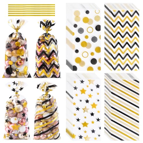 COQOFA Black Gold 5"X11" Gift Wrap Cellophane Cello Bags: Clear Candy Cookie & Plastic Goodie Storage Treat Party Favor Bags with Twist Ties - 100 Pcs for Graduation, Birthday & Retirement - color: Black Gold, size: 5x11 in
