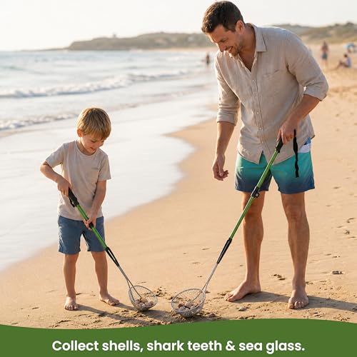 VOS Sand Sifter 2-Pack | Adjustable Handle 21"–33" | Stainless Steel Beach Scoop for Seashells, Shark Teeth & Sea Glass | Lightweight Aluminium, Rust-Resistant – Green - color: Green