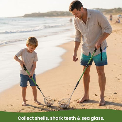 VOS Sand Sifter 2-Pack | Adjustable Handle 21"–33" | Stainless Steel Beach Scoop for Seashells, Shark Teeth & Sea Glass | Lightweight Aluminium, Rust-Resistant – Green - color: Green