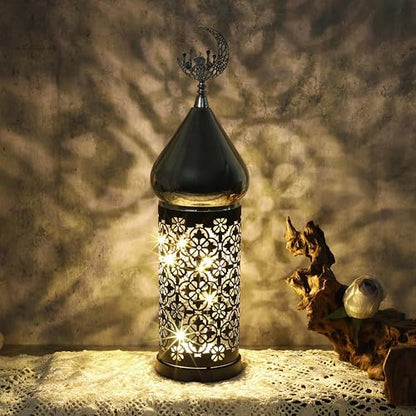 Moroccan Style LED Candle Lantern , 14 Inch Lantern Indoor for Ramadan Decorative Metal Lamp （Black）