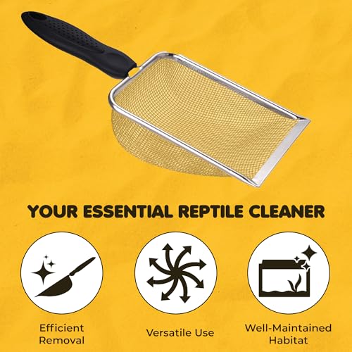 SunGrow Reptile Sand Scoop, Stainless Steel Sifter for Lizard, Gecko & Snake Habitat, Substrate Scoop, Non-Slip Handle, Fine Mesh Scooper for Clumping Sand – Not Suitable for Pellet or Crystal Litter