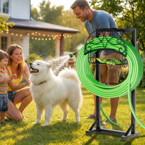 Heavy-Duty Garden Hose Holder with Storage Basket and Tool Hooks, Stable Freestanding Hose Stand Holds 160Ft, Metal Hose Hanger, Rustproof Water Hose Holder Storage for Outside,Yard,Lawn,Farm - color: Matte Black