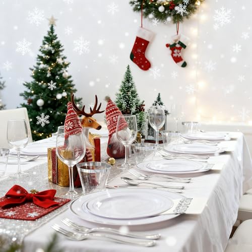 Supernal 400pcs Silver Plastic Dinnerware Set Heavy Duty Disposable Plates Include Silver Plastic Dessert Plates,50 Spoons & Knives & Cups & Napkins & 100 Forks,Prfect For Party and Wedding - color: 400pcs White and Silver Plastic Dinnerware
