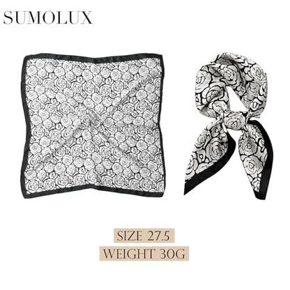 Sumolux Head Hair Scarf for Women Like Satin Silk Scarf Bandana Hair Wrapping Night Large Square Scarves 27.5" - color: Black Camellia