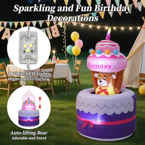 Lewondr 6FT Inflatable Birthday Cake Outdoor Decorations, Automatic Lifting Bear, Waterproof Blow Up Happy Birthday Decor with Candle 4 LED Lights for Outdoor Indoor Party Garden Yard Lawn - style: Lifting Bear