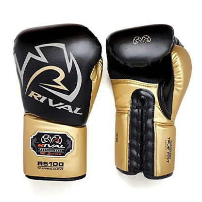 RIVAL Boxing RS100 Professional Lace-Up Sparring Gloves, Handcrafted with Super-Rich Microfiber PU, Ergonomically Designed to Perfectly Fit Your Hand - color: Black/Gold, size: 16 oz.