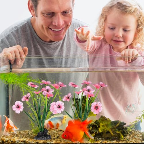 Veemoon 2 Pcs Pink Aquarium Artificial Plants, 7.47 Inch Tall Fake Lotus Flower Decor, Plastic Betta Fish Tank Desktop Bowl Accessories