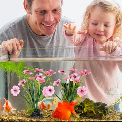 Veemoon 2 Pcs Pink Aquarium Artificial Plants, 7.47 Inch Tall Fake Lotus Flower Decor, Plastic Betta Fish Tank Desktop Bowl Accessories