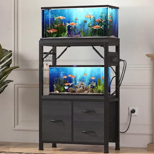 Heybly 5-10 Gallon Fish Tank Stand, Aquarium Stand with Drawer, Power Outlet, Heavy Duty Metal Frame, for Fish Tank, Turtle & Reptile Terrarium, 20.5" × 10.2" Top, 200lbs, Black HAS002SBK-1 - color: Black, size: 5-10 gal