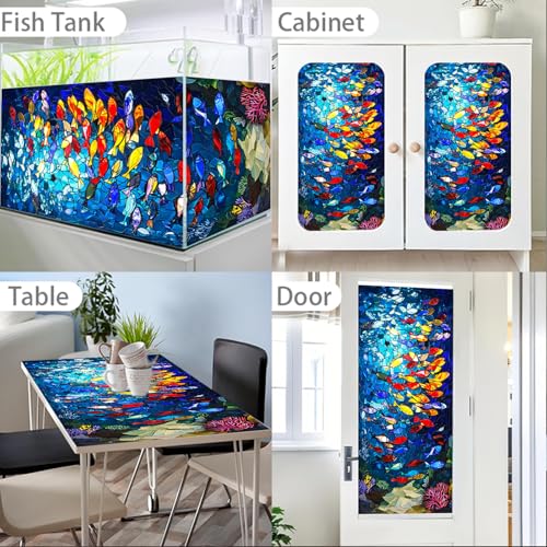 Nuxovilar Frosted Fish School Pattern Window Glass Film 17.7x39.4 in PVC | Fish School, Marine Decal colorful sea sticker, glass window cling for bathroom kitchen sliding door (Fish School)