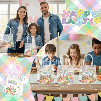 Aliceset 24 Pcs Happy Easter Gift Bags Bulk - Colorful Easter Clear PVC Gift Bags with Handle Reusable Eggs Bunny Goodie Candy Tote for Egg Hunt Party Supplies (Rabbit, 6.31"x 5.91"x 3.15") - style: Bunny Ear