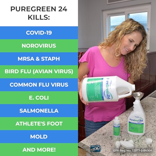 PureGreen24 Value pack Safe & Effective Disinfectant. Kills Deadly Germs including RSV COVID-19 Norovirus MRSA Staph 2026 flu Bird flu Contains no toxic chemicals odorless (1 gallon 3 x 32oz sprays)