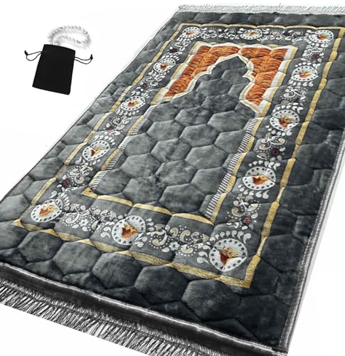 Prayer Rug Muslim Mat Islamic - Padded Very Thick Prayer Rug Sajadah for Men Women with Islam Prayer Beads for Eid Travel Ramadan, Soft and Luxury (Grey) - color: Grey