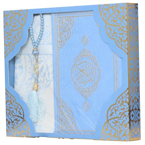 Modefa Prayer Rug Islamic Gift Set - Holy Quran in Arabic - Velvet Box with Quran and Tesbih (Blue) - color: Blue