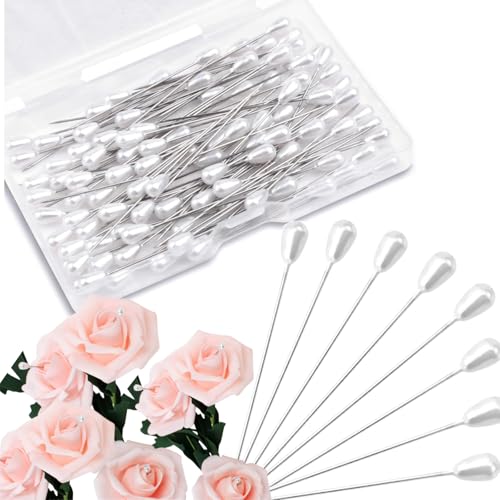 100PCS Pearl Pins with Storage Box, 2.17" White Teardrop Corsage Pins