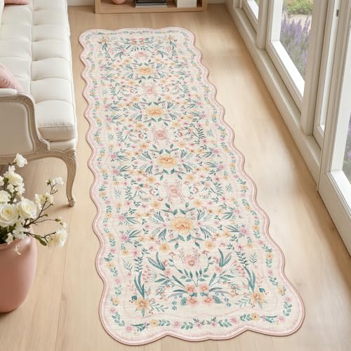 Hallway Runner Scalloped Floral Rug 2.6x8 Washable Non Slip Pink - color: Pink Scalloped, size: 2.6 x 8 ft
