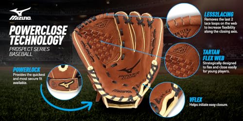 Mizuno Prospect PowerClose Youth Baseball Glove Series I V-Flex Notch I Parashock Palm Pad I Buttersoft Palm Liner - color: Black/Red|Deep 3 Web, size: 10"|All Positions|Ages 3-6
