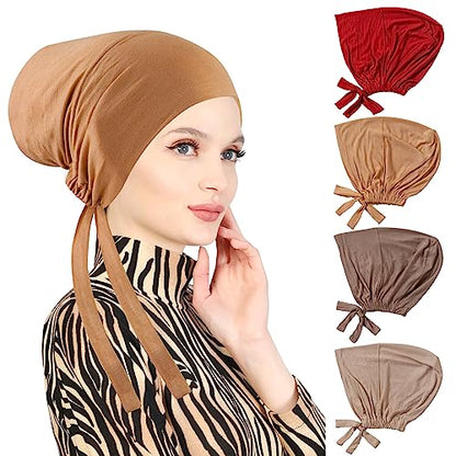 PHOGARY 4 Pcs Women Hijab Undercap, Islamic Muslim Under Hijab Cap Inner Under Scarf Hat Turban with Tie Back Closure - color: Wine, Camel, Khaki, Light Khaki