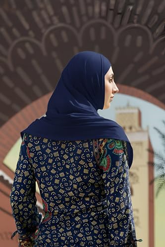 SARJANA Women's Solid Color Cotton Hijab with Under Scarf Cap Ready to Wear Stretch Scarves Long Scarfs FREE SIZE - color: Navy Blue