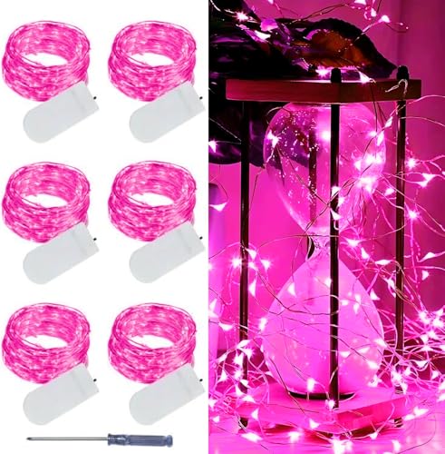 6 Pack Pink Led Fairy Lights Battery Operated, Valentines String Lights Waterproof Silver Wire 7 Feet 20 Led Firefly Starry Moon Lights for DIY Wedding Galentine's Day Valentine's Day Party Bedroom - color: Pink, size: 6 PACK