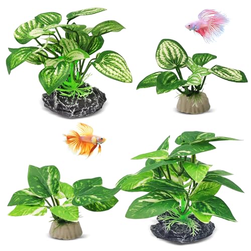 GOZILLA Silk Fish Tank Plants,Reptile Artificial Plant,Reptile Plants for Terrarium,Aquarium Decorations Accessories Set,Resin Pedestal Silk Aquarium Plant for Fish Tank.(4PCS/A-Set) - color: 4pcs/A-set