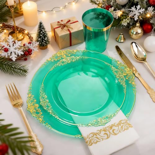 Hioasis 175pcs Clear Green Plastic Plates - Elegant Disposable Dinnerware Set Suitable for 25 Guests Include 10.25" Dinner & 7.5" Dessert Plates, Cutlery, Napkins, Cups for Party & St. Patrick's Day - color: Clear Green and Gold