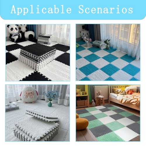 Gangdise 12 PCS Thickened Plush Interlocking Floor Mat Fluffy Square Tiles EVA Foam Matswith 16 Edgings Soft Anti-Slip Exercise Play Mat for Room (White) - color: White