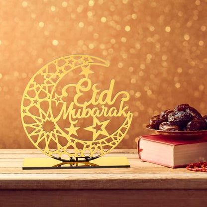 2 Pieces Acrylic Ramadan Decorations Islamic Eid Mubarak Kareem Table Sign Moon Hollow Star Ornament for Muslim Party Tabletop Decor Home Art Craft Decoration Golden Moon - style: Star