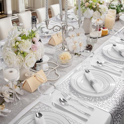 WDF Partyware 175PCS Sliver Plastic Plates - Silver Plates Disposable - White Plate with Silver Trim 25Guests Plastic Dinnerware Sets with Rolled Napkins for Wedding Baby Shower Spring Birthday - color: White and Silver, size: 175PCS