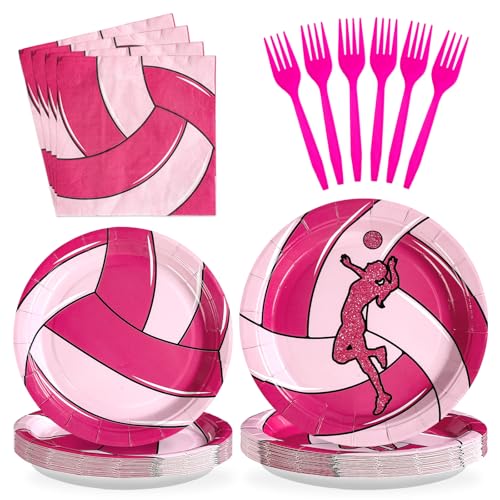 Grencian 96Pcs Pink Volleyball Party Supplies Volleyballs Paper Plates and Napkins Sports Birthday Party Disposable Tableware for Girl Volleyball Birthday Decorations Serves 24 - style: Pink Volleyball Party