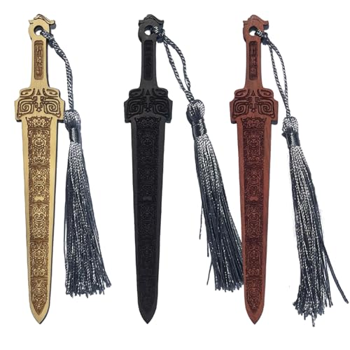 3PCS Sword Bookmarks, Creative Vintage Wooden Bookmark, Handmade Bookmark with Tassels for Male and Female Book Lovers Birthday Library Teachers Gift(3 Colors)