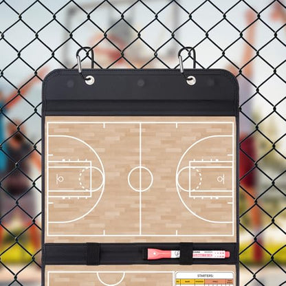 WISYOK Leather Covered Magnetic Basketball Lineup Board, Foldable and Portable Clipboard for Coaches with 48 Cards, 2 Markers, 4 Hooks and 1 Organizer Bag - style: Basketball Leather