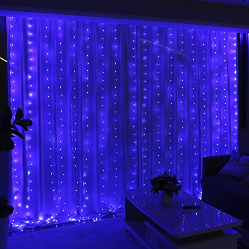 HXWEIYE 300LED Fairy Curtain Lights, 9.8x9.8Ft USB Plug-in 8 Modes Christmas String Hanging Lights with Remote for Bedroom Backdrop Wedding Indoor Wall Decor, Blue, Tangle-Free – 1 Pack - color: Blue, size: Regular