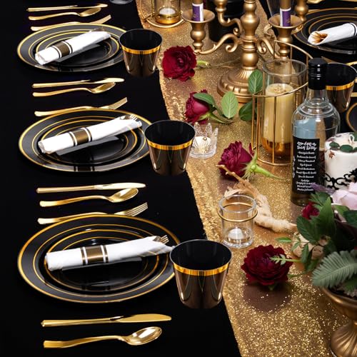 175PCS Black Gold Plastic Dinnerware Set for 25 Guests, Fancy Disposable Plates for Party, Include: 25 Dinner Plates, 25 Dessert Plates, 25 Pre Rolled Napkins with Gold Silverware, 25 Cups - color: Black and Gold