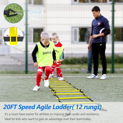 Haootadiy Agility Training Equipment, Football Training Equipment Includes 20FT Agility Ladder,4 Adjustable Agility Hurdles, 12 Football Cones, Parachute, for Training Soccer Basketball Athletes - color: YELLOW