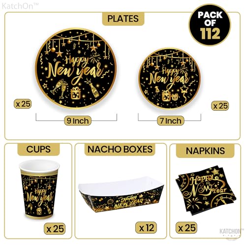 KatchOn, New Years Eve Plates and Napkins Set - Serve 25 Guest | Gold Fringe Curtain Backdrop, Happy New Year Banner | Gold Backdrop, New Years Plates and Napkins and Cups, Happy New Year Decorations