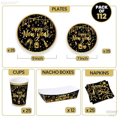 KatchOn, New Years Eve Plates and Napkins Set - Serve 25 Guest | Gold Fringe Curtain Backdrop, Happy New Year Banner | Gold Backdrop, New Years Plates and Napkins and Cups, Happy New Year Decorations