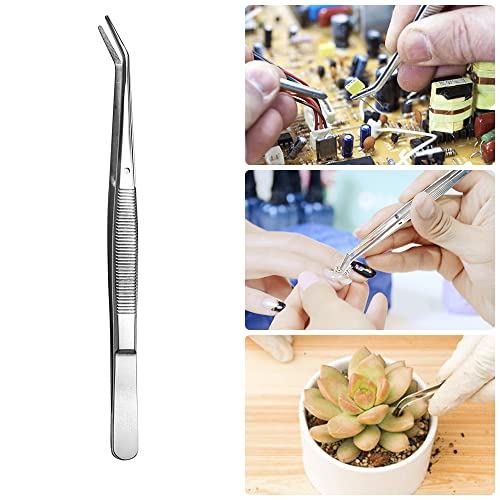 Stainless Steel Tweezers, with Curved Serrated Tip Multipurpose Sewing Machine Tweezers Forceps for Craft Repairing (2 Pcs set)