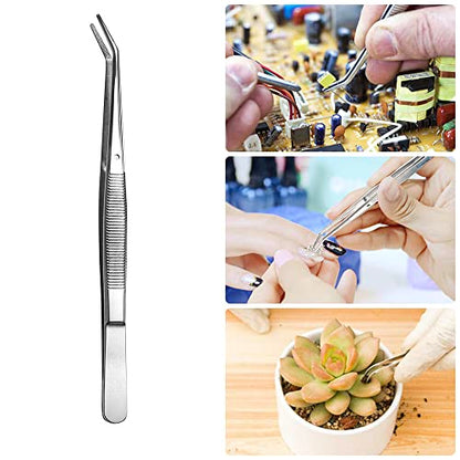 Stainless Steel Tweezers, with Curved Serrated Tip Multipurpose Sewing Machine Tweezers Forceps for Craft Repairing (2 Pcs set)