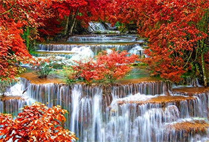 AOFOTO 10x6.5ft Falls Backdrop Cascades Photography Background Waterfall Nature Landscape Travel Adult Man Artistic Portrait Autumn Red Leaves Scenic Photo Shoot Studio Props Video Drop Wallpaper - size: 10x6.5ft